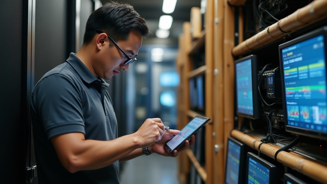Technician performing remote hands service on server equipment